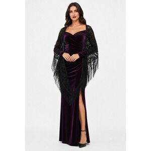Vintage Baar & Beards Black Metallic Lace Fringe Shawl Wrap Goth Chic NEW 114–06